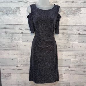 R & M Richards Navy Blue Metallic Cold Shoulder Bodycon Ruched Dress Size 8